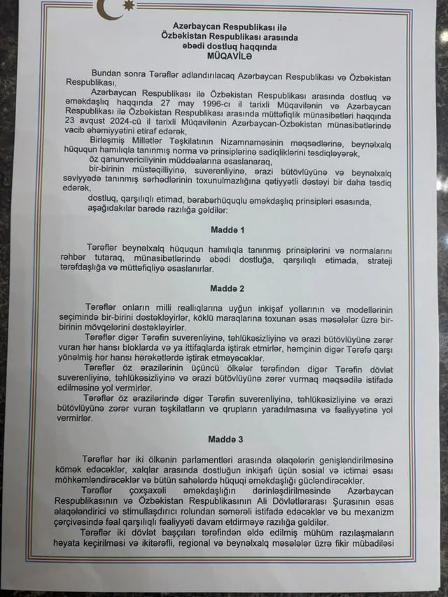 Azərbaycan və Özbəkistan arasında “Əbədi dostluq haqqında Müqavilə” imzalandı