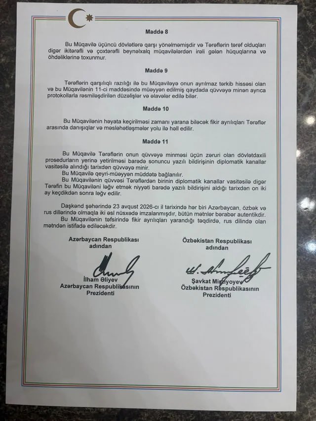 Azərbaycan və Özbəkistan arasında “Əbədi dostluq haqqında Müqavilə” imzalandı