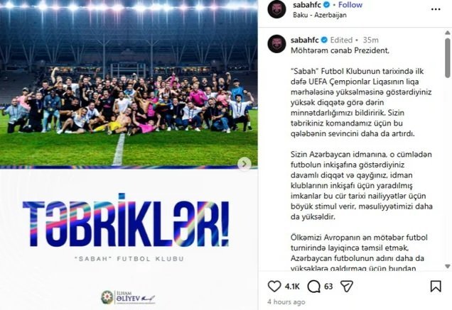 “Sabah” futbol klubu Prezident İlham Əliyevə təşəkkür edib – FOTO “Sabah” futbol klubu Prezident İlham Əliyevə təşəkkür edib – FOTO
