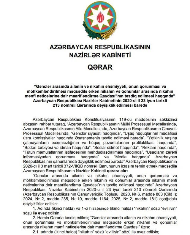 Nikahsız ailə quranlarla bağlı YENİLİK: Erkən evlilik anlayışı dəyişir Nikahsız ailə quranlarla bağlı YENİLİK: Erkən evlilik anlayışı dəyişir